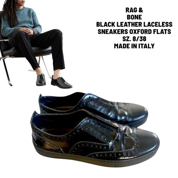 RAG & BONE BLACK LEATHER LACELESS OXFORD SNEAKERS FLATS SZ. 8/38 MADE IN ITALY. - Picture 1 of 7